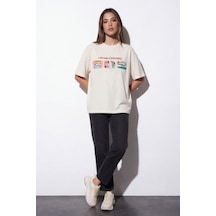Quzu 26ytsh02021 Kadın Baskı Nakış Detaylı T-shirt Ekru