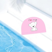 Çocuklar İçin Pembe Ayıcık Figürlü Deniz Havuz Bonesi, Likralı Bez Bone Yüzücü Deniz Bonesi, Su Spor Pembe