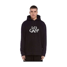 Lets Go Camp Baskılı Siyah Erkek Örme Kapşonlu Sweatshirt