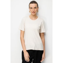 Kadın Sıfır Yaka Flamlı Kumaş Penye Tshirt Bej Bej