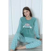 Wordex Fawn 5006 Peluş Welsoft Polar Kışlık Yumoş Kadın Pijama Takımı Uyuyan Kedili Yeşil