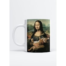 Mona Lisa Kedi Baskı Porselen Kupa Bardak Beyaz