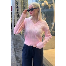 Madmext Pembe V Yaka Örgülü Triko Kadın Kazak Mg2258 Pembe