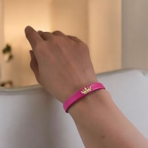 V Harfine Özel 14 Ayar Altın Plakalı Doğal Pembe Derili Taç Motifli Hediye Bileklik-495harf V