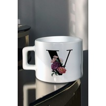 V Harfli Şık Baskılı Beyaz Çay-Kahve Fincanı