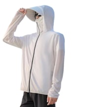 Erkek Ice Silk Kapüşonlu Güneş Koruyucu Giysi Beyaz