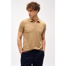 Bej Slim Fit Dar Kalıp Fermuarlı Polo Yaka Düz Kısa Kollu Tişört-16408 Bej