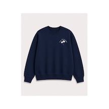 Herkesemoda Papatya Baskı Detaylı Bisiklet Yaka Şardonlu 2 İplik Sweatshirt Lacivert