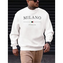 Uyguntarz Unisex Milano Italıa Tasarım Baskılı Bisiklet Yaka Sweatshirt beyaz
