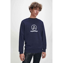 Linkin Park Logo Baskılı Indigo Mavi Erkek Örme Sweatshirt