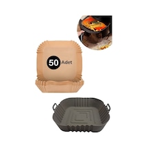Isıya Dayanıklı Silikon Airfryer Gri Kare Pişirme Matı 20 Cm Ve 50 Adet Pişirme Kağıdı Plastik Bey Diğer