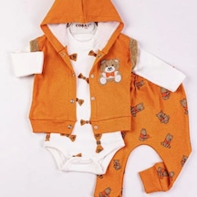 3-9 Ay Erkek Bebek Takımı Bear Nakışlı Yelekli 3'lü Turuncu Turuncu