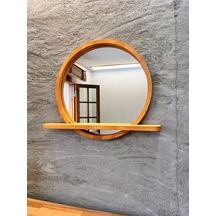 60x60 Cm Raflı Masif Kayın Ağacı Yuvarlak Ayna İskandinav Tarzı Antre Ve Banyo Aynası Siyah