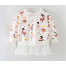 Balerin Desenli Uzun Kollu Tüllü Sweatshirt Krem