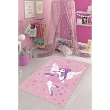 Pembe Kaymaz Tabanlı Yıkanabilir Prensesli Çocuk Halısı Kd67n11