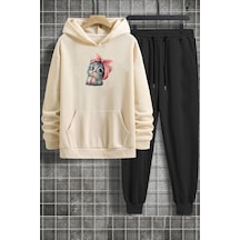 Uyguntarz Unisex Sevimli Kedi Eşofman Takımı Bej