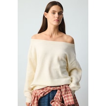 Defacto Regular Fit Düşük Omuz Kayık Yaka Basic Triko Kazak H2598ax26auer105 Ekru-er105