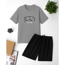 Uyguntarz Unisex Brooklyn Baskılı Tasarım Şort Takım Gri
