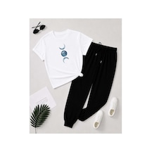 Herkesemoda Ay Baskı Detaylı T-shirt Eşofman Takımı Beyaz