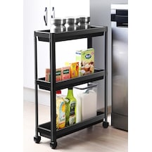 Omaş Household Product Siyah Tekerlekli Dikdörtgen 3 Katlı Raf Ünitesi - Banyo Mutfak Düzenleyici Organizer Siyah