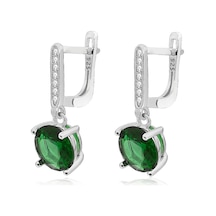 Brezza Lusso Jewelry Zümrüt Taşlı Tektaş Pırlanta Sallantılı Kadın Gümüş Küpe 9 Mm