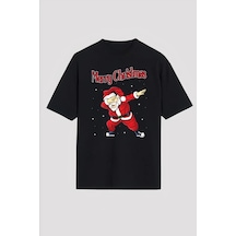 Barlashive Yılbaşı Merry Christmas Noel Baba Baskılı Oversize Bisiklet Yaka T-shirt - Siyah Çok Renkli