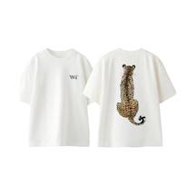 Thewert Leopar 7 Tasarım Sırt Baskılı Pamuk Beyaz Oversize T-shirt