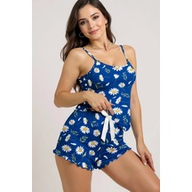 Papatya Desenli Mavi Askılı Şortlu Pijama Takımı Mavi