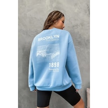 Modagen Unisex Bebe Mavisi Brooklyn 1898 Baskılı Bisiklet Yaka Oversize Sweatshirt Bebemavisi