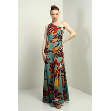 Kadın Tek Omuz Yandan Pencereli Desenli Uzun Krep Saten Elbise-40751 Mint