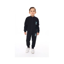 Toontoy Kids Toontoy Erkek Çocuk 2'li Takım Baskılı Dik Yaka Fermuarlı Sweatshirt & Beli Paçası Lastikli Cepli Jogger Eşofman Altı - 3 İplik Şardonlu Siyah