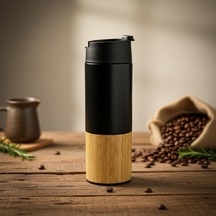 450 Ml Bambu Kaplamalı Çelik Termos - Sıcak Ve Soğuk Tutucu Sızdırmaz Mat Siyah Kahve Termosu Çok Renkli