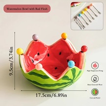 Honeybeeshop Kırmızı İçli Karpuz Kasesi 6 Çatal Ve Paslanmaz Desert Cocktail Kaşıkları Seti Kırmızı Dolgu Karpuz Kasesi