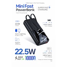 22.5w Hızlı Şarj Mini Powerbank 10000mah Dahili Lightning & Type-c Kablolu Taşınabilir Şarj Cihazı, Dijital Göstergeli, Kompakt Premium Tasarım Gri  -  Siyah