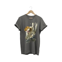 Avcılık Avcı Köpeği Ve Tavşan Baskılı Orman Temalı %100 Pamuk Regular Fit Gri T-shirt Antrasit