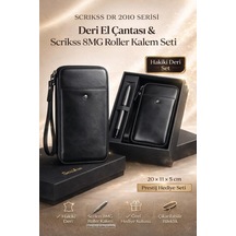 Scrikss Dr 2010-s1 Hakiki Deri El Çantası Siyah & Metropolis 78mg Mat Gri Roller Kalem Seti Siyah