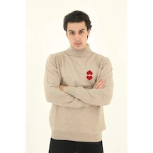 Yarım Boğazlı Baskılı Dokuma Triko - Bej -vlmr Bej