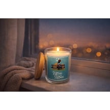 Candle Stay Close Stay Warm Çiftlere Özel Hediye Seti, Ahşap Kapaklı Kokulu Mum, French Press Ve 2 Seramik Kahve Kupası, Sevgililer Günü, Düğün & Ev Hediyesi Açık Ahşap