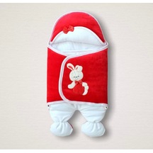 Yenidoğan Kadife Kumaş Ayıcık Nakışlı Şapkalı Kız Erkek Bebek Ayaklı Kundak Bebek Battaniyesi Kırmız Kırmızı