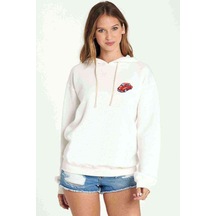 Wv Tosbağa Göğüs Baskılı Beyaz Kadın Kapşonlu Sweatshirt