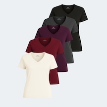 Slazenger PERICAS 5 li Set Kadın  Ekru - Koyu Gri - Siyah - Mürdüm - Bordo Tişört