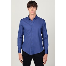 Tudors Slim Fit Uzun Kol Yaka Düğmeli Yaka İçi Biyeli Erkek Gömlek-26221 Saks