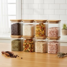 6'lı Set 275 Ml Bambu Kapaklı Kare Cam Kavanoz - Vakumlu Mini Boy Çekmece İçi Baharatlık Ve Şeffaf Saklama Kabı Organizatörü 6x8 Cm