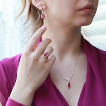 Lal Taşlı Damla Model Gümüş Takım Gümüş