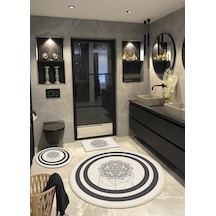 Madalyon, Dokuma Taban, Yuvarlak Banyo Halısı 100x100-60x60-40x60 Krem - Gri
