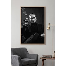 Doğal Ahşap Çerçeveli Siyah Beyaz Portre Atatürk Duvar Tablosu Tekli Set Klasik Portre Desenli Modern Dekorasyon Kabartma Görünümlüdür Bej