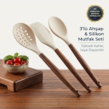 Akasya Saplı 3'lü Silikon Mutfak Gereçleri Seti Premium Gıda Sınıfı Silikon Kaşık, Spatula Ve Kevgir Isıya