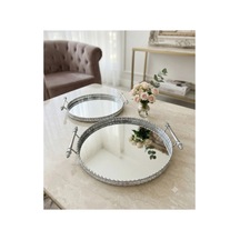 Vintage Dekoratif Jardinyer Aynalı Günüş Yuvarlak 2 Li Tepsi Gümüş