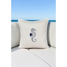 Kırlent Kılıfı 45x45 Marin Nakışlı Deniz Atı Desen Su İtici Outdoor Keten Beyaz Biyeli Tekne Bahçe Krem