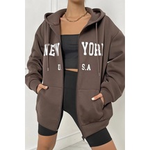 Modagen Unisex Kahverengi Newyork Baskılı Oversize Hırka Kkahverengi